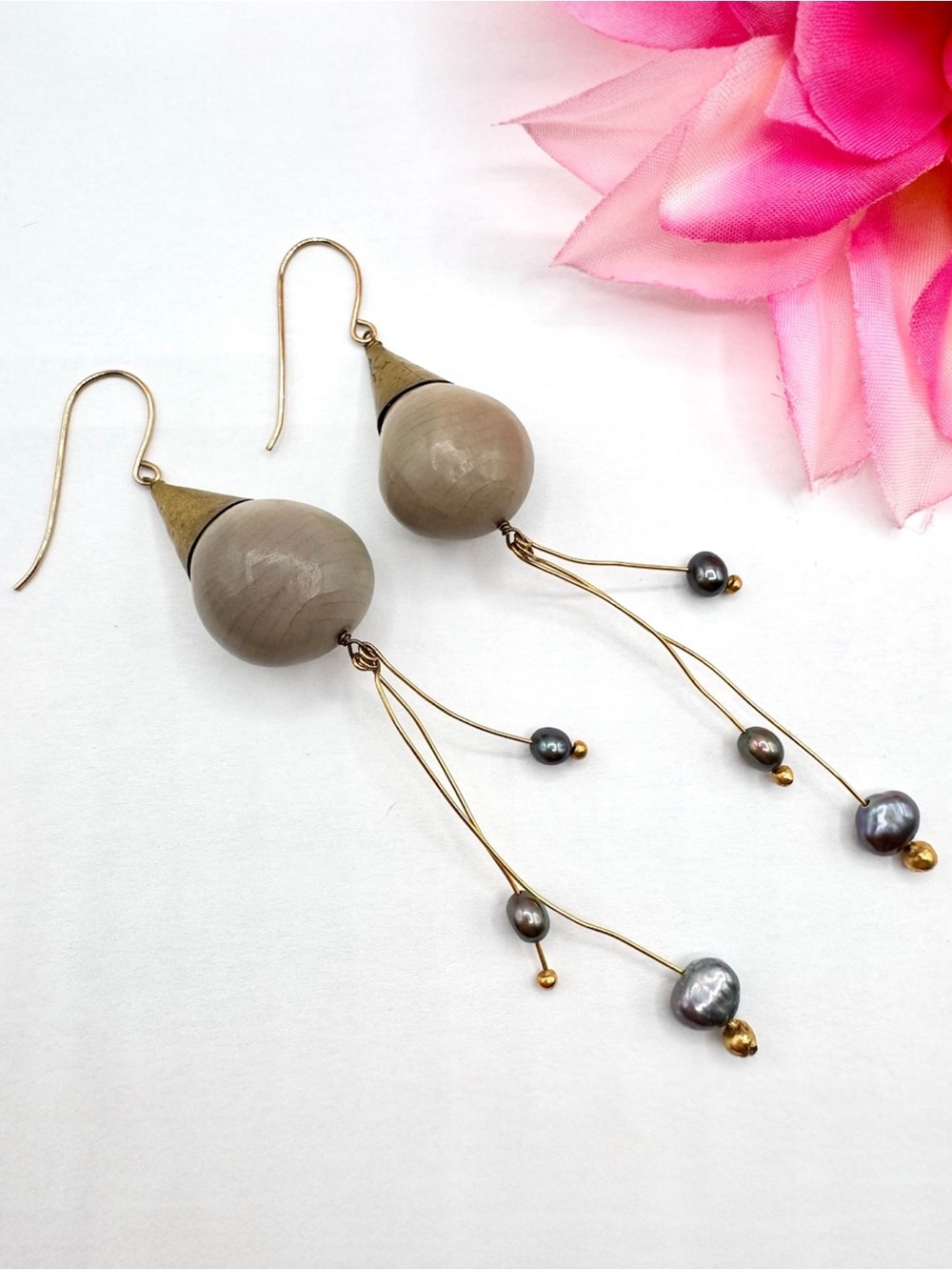 Artisan Brass Ceramic Freshwater Pearl Dangle Earrings Organic Modern Boho Artsy